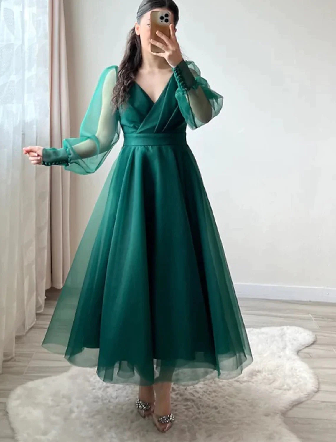 Emerald Chiffon V-Neck A-Line Tea-Length Bridesmaid Dress with Sheer Puff Sleeves