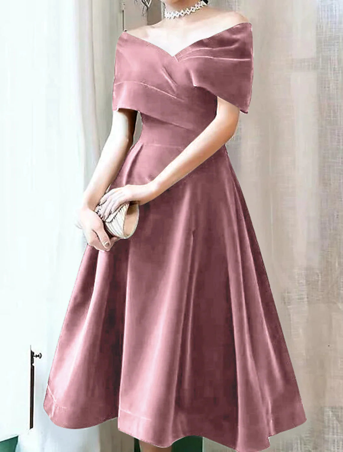 Burgundy Velvet Off-the-Shoulder A-Line Tea-Length Evening Dress