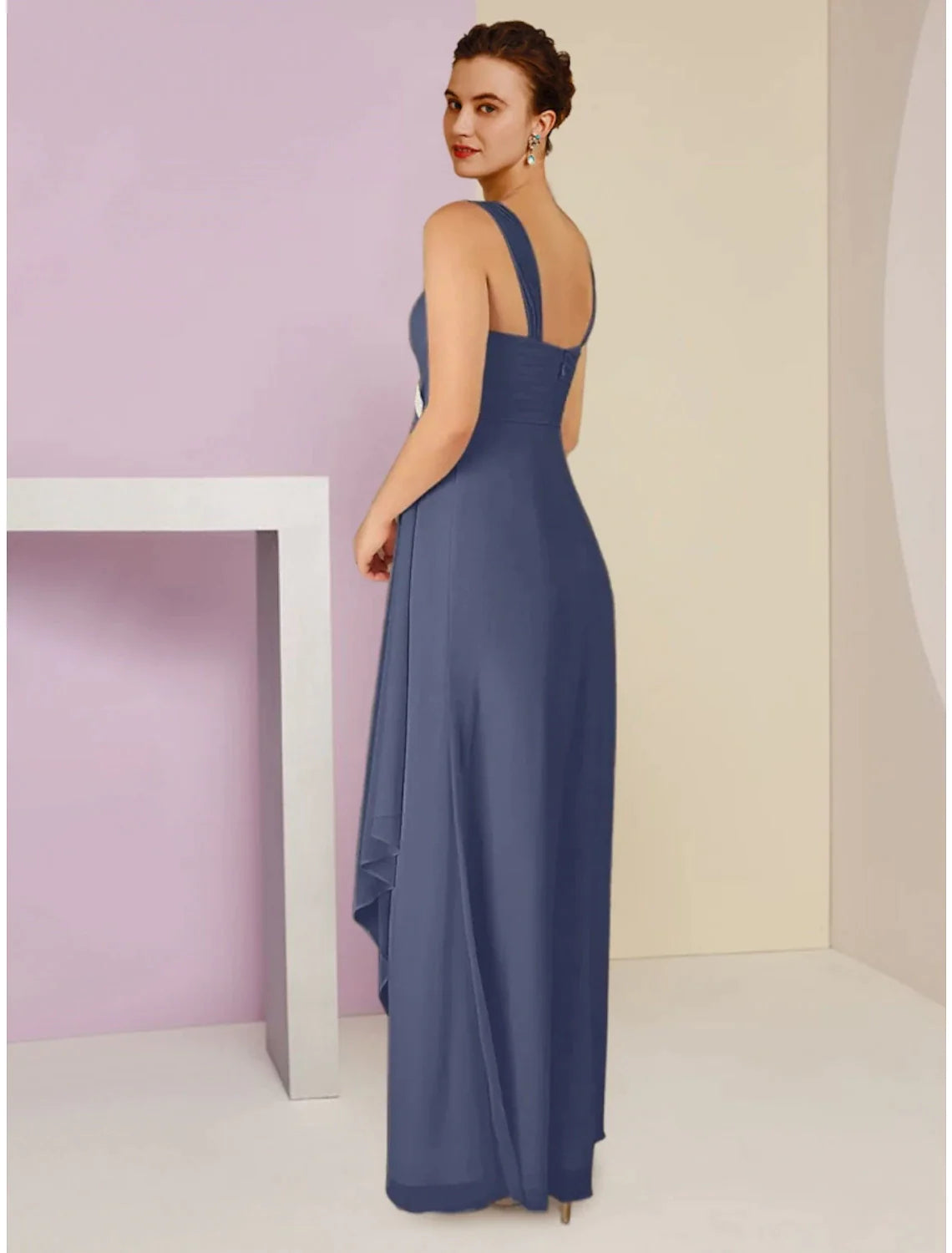 Abito da cerimonia per la madre della sposa, a trapezio, elegante, con scollo quadrato, lunghezza alla caviglia, in chiffon, maniche lunghe, con spilla di cristallo e arricciature