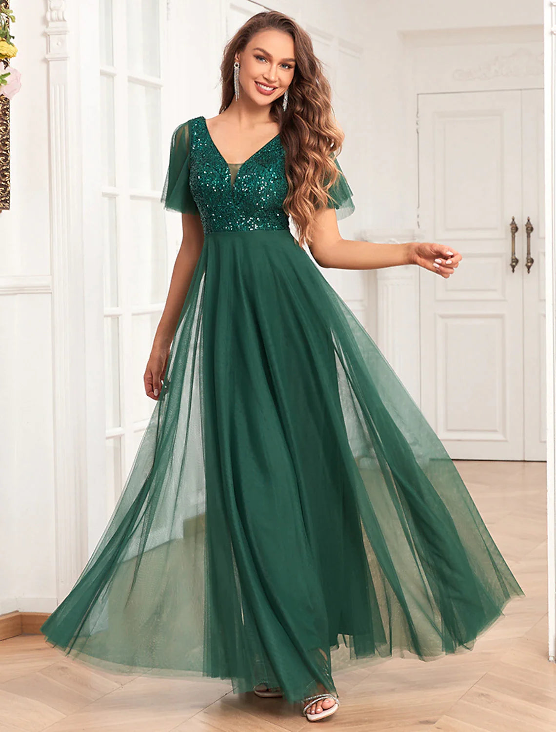 Abiti da festa a trapezio, abiti stile impero, abiti da sera, abiti da festa, lunghezza al pavimento, maniche corte, scollo a V, chiffon, schiena a V con paillettes glitterate