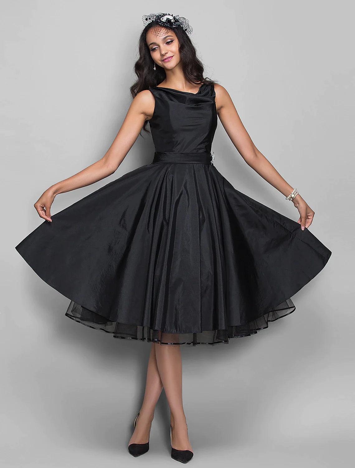 Black Satin A-Line Cowl Neck Knee-Length Dress with Full Skirt