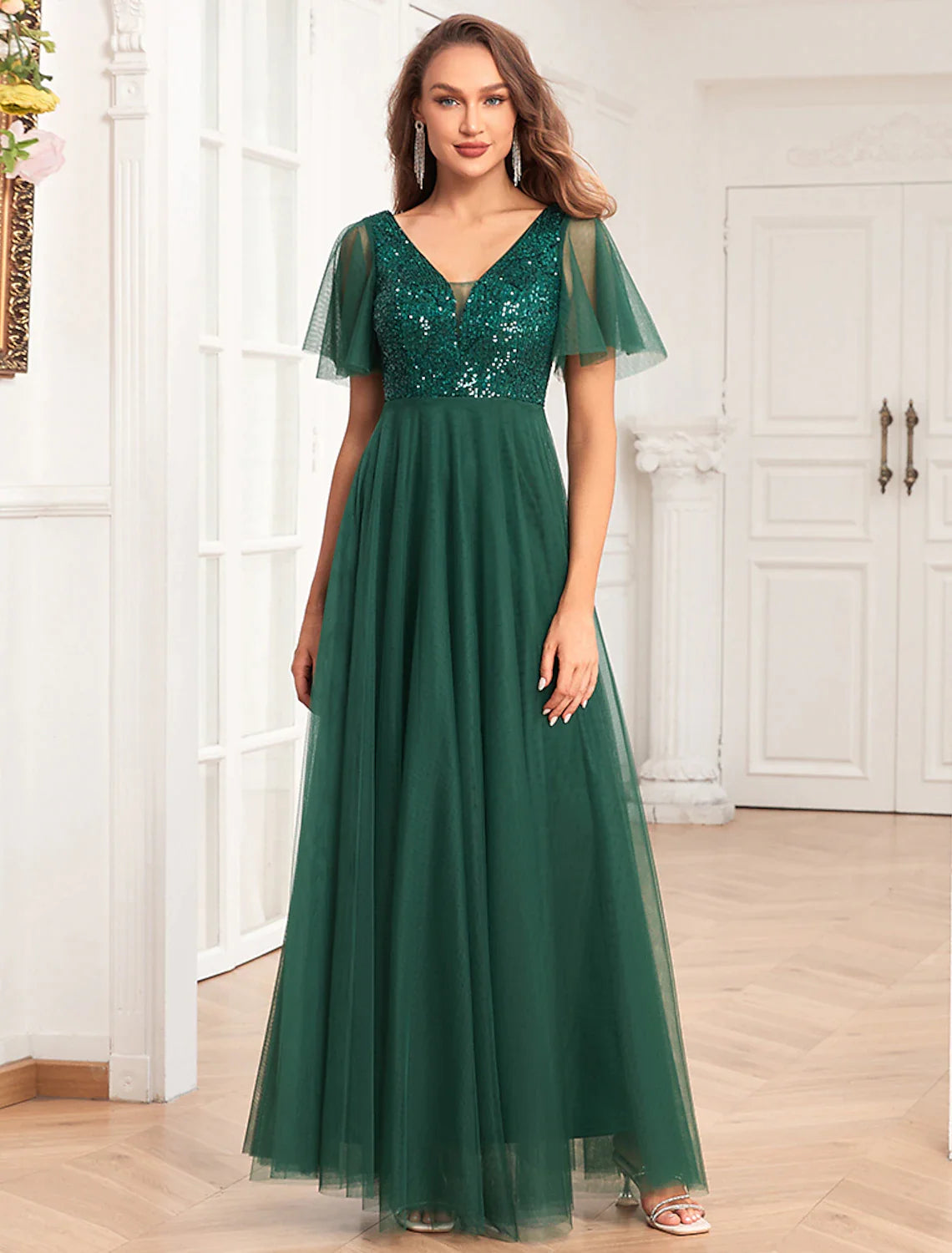 Abiti da festa a trapezio, abiti stile impero, abiti da sera, abiti da festa, lunghezza al pavimento, maniche corte, scollo a V, chiffon, schiena a V con paillettes glitterate