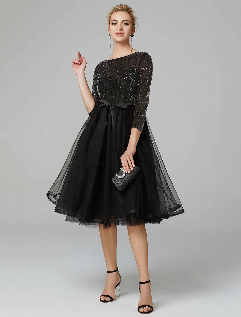 Black Sequin A-Line Tea-Length Evening Dress - Boat Neck, Tulle Skirt