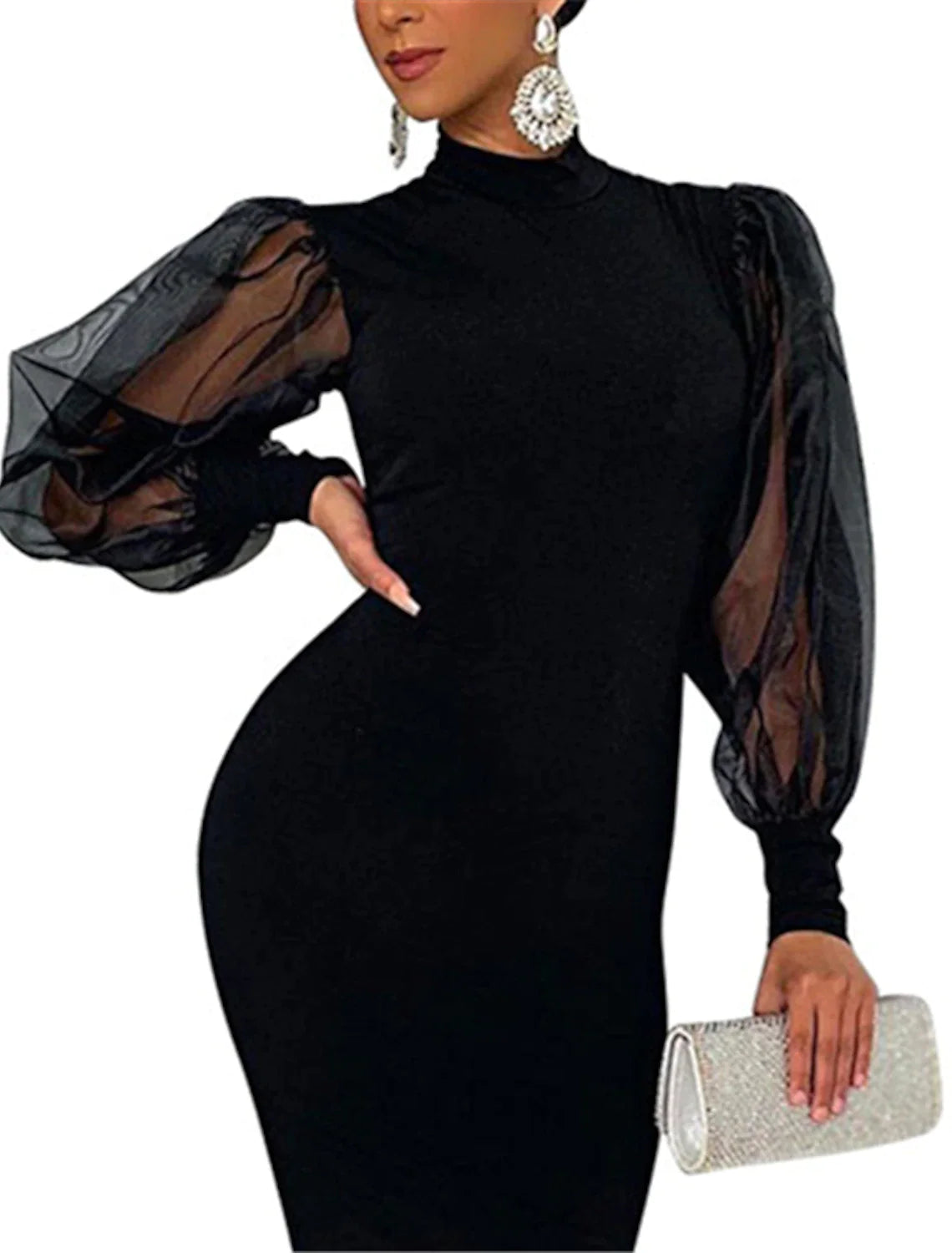 Black Puff Sleeve High Neck Midi Evening Dress