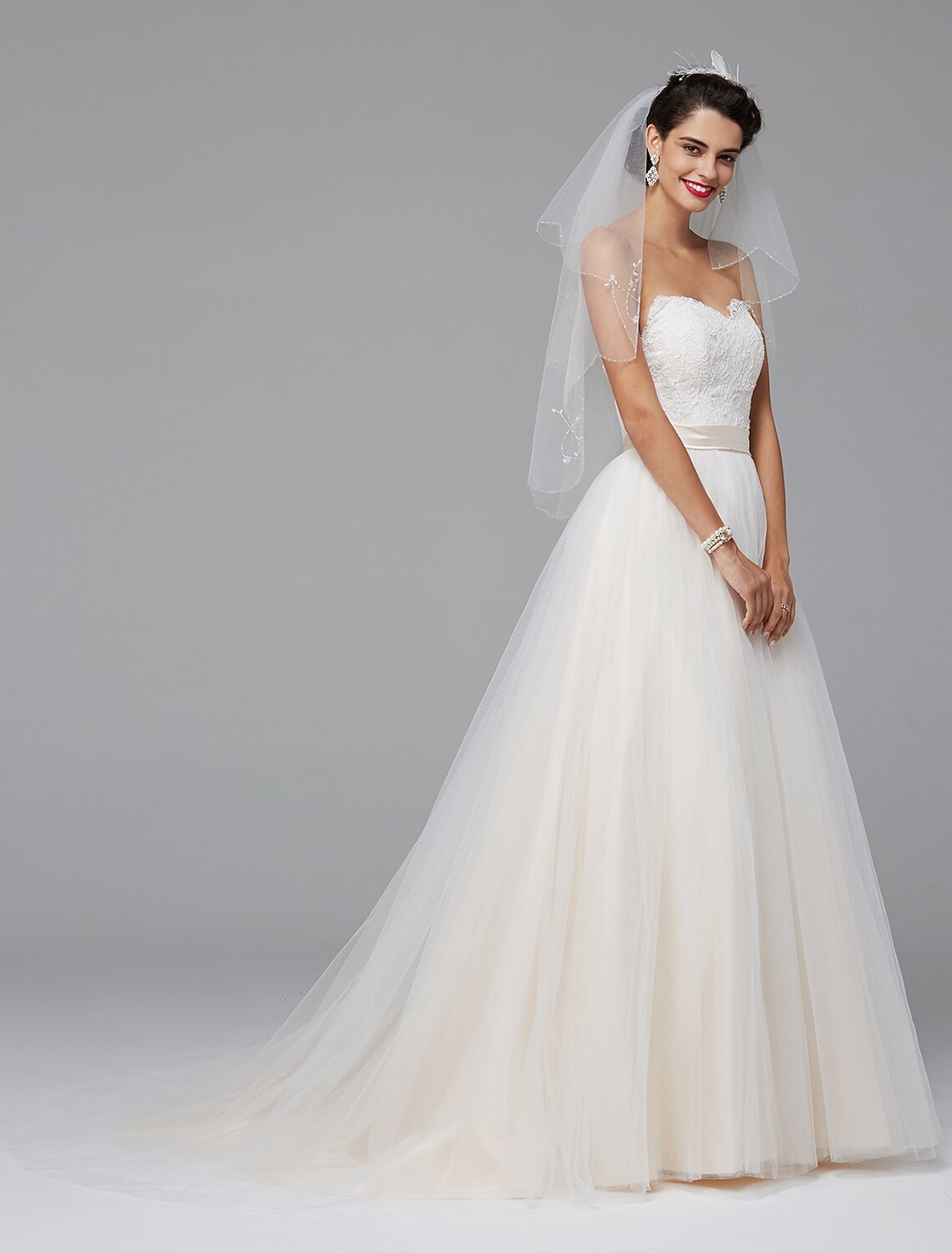 A-Line Wedding Dresses Sweetheart Neckline Court Train Lace Tulle Sleeveless Wedding Dress in Color with Sash / Ribbon Buttons