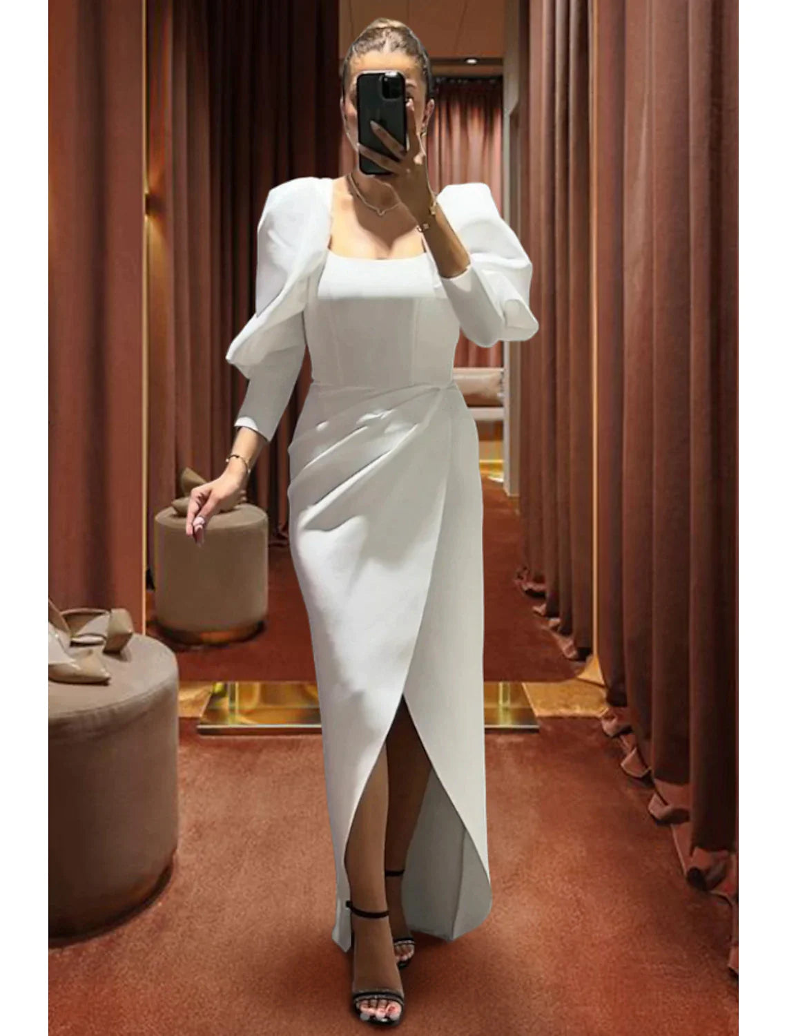 Vestido negro tubo/columna vestido de noche elegante vestido formal otoño asimétrico manga 3/4 cuello cuadrado tela con abertura fruncida