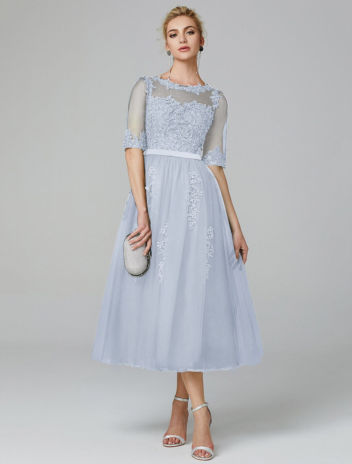 Emerald Tulle A-Line Tea-Length Dress with Embroidered Illusion Bodice