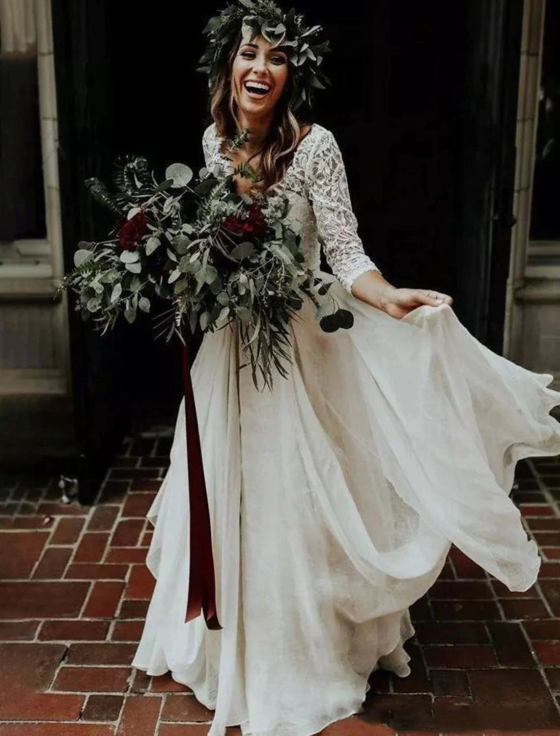 Vestidos de novia bohemios, vestido de fiesta, escote en V, manga 3/4, cola larga/cortada, trajes de novia de gasa, vestidos de novia con pliegues