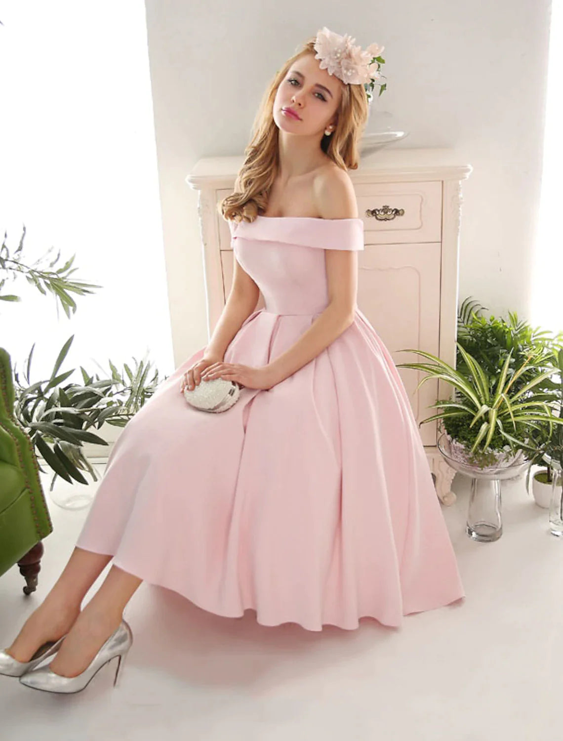 Blushing Pink Satin Off-the-Shoulder A-Line Tea-Length Bridesmaid Dress