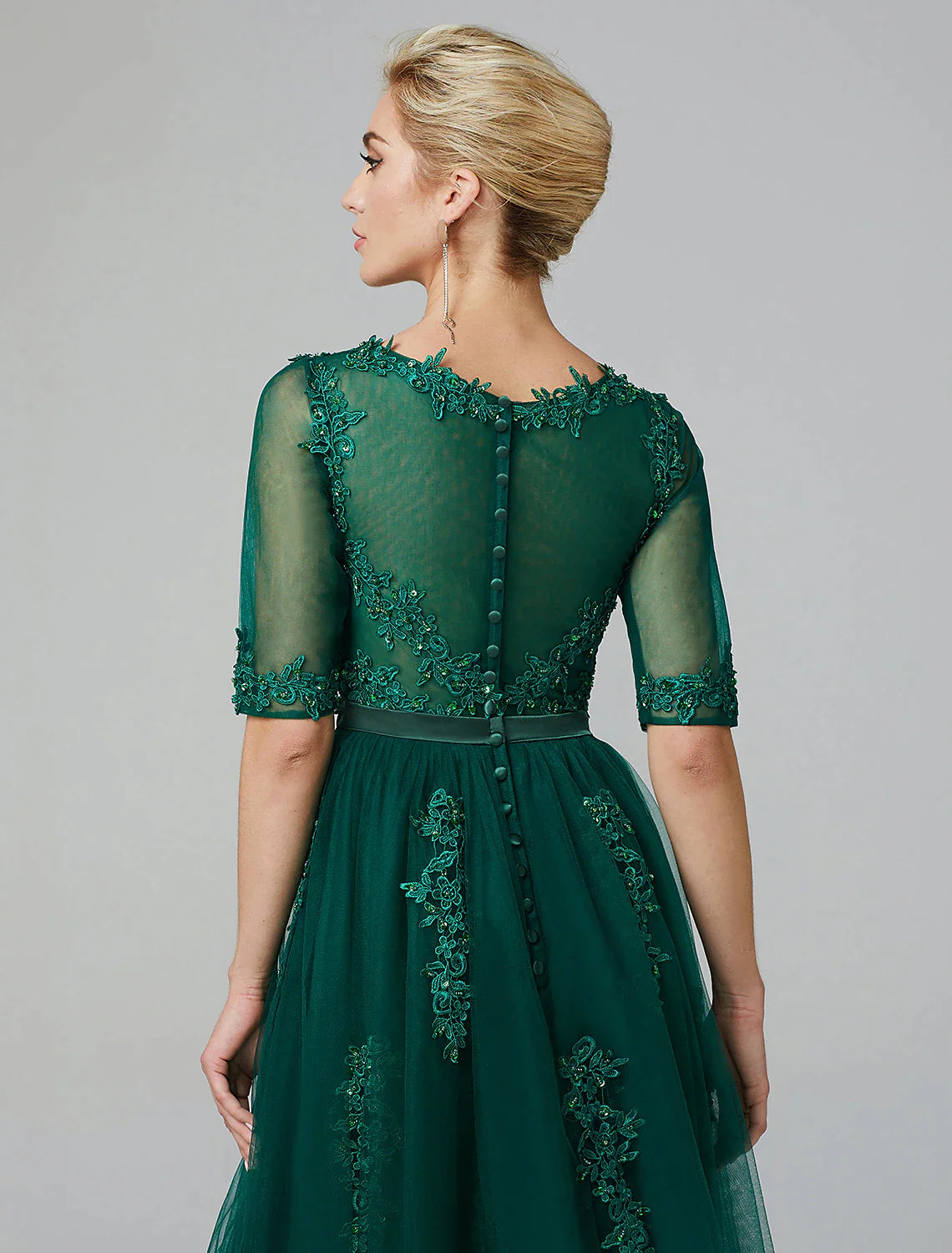 Emerald Tulle A-Line Tea-Length Dress with Embroidered Illusion Bodice