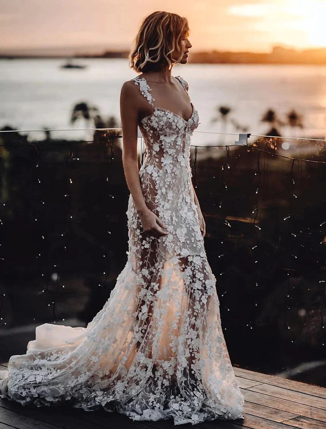 Vestidos de novia bohemios sexys de playa, corte sirena/trompeta, escote corazón, tirantes finos, cola de corte, encaje, con apliques, para verano, otoño e invierno, ropa de mujer.
