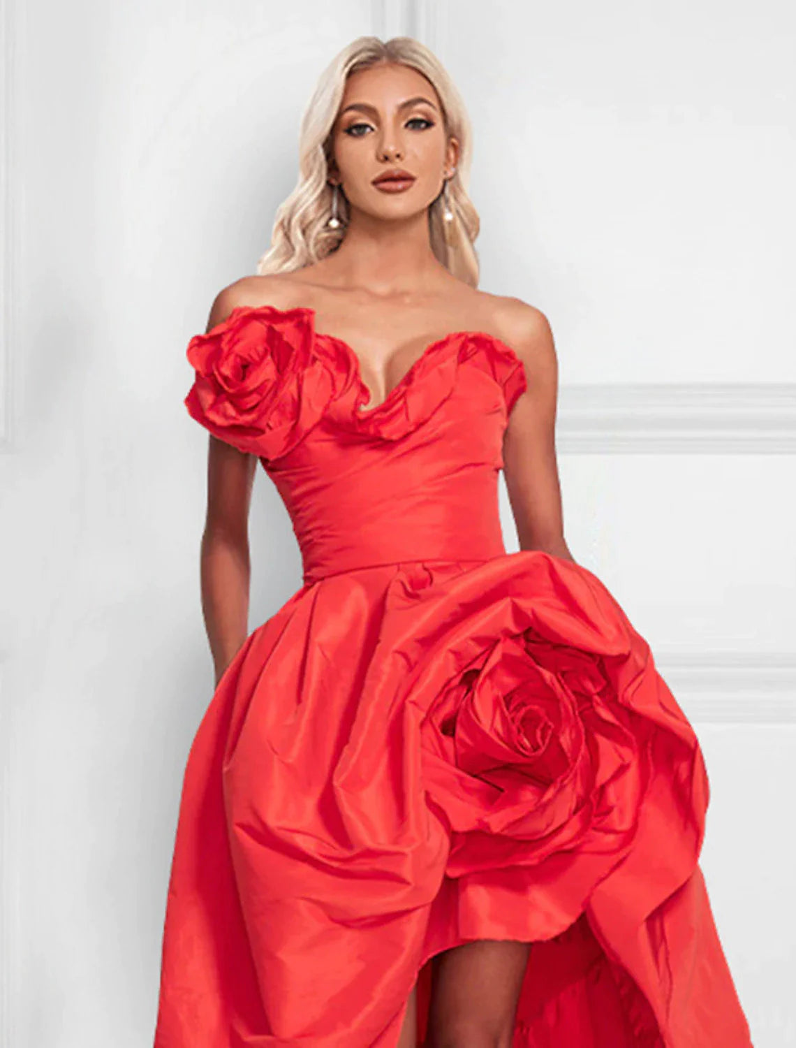 Red Taffeta A-Line High-Low Evening Dress with 3D Floral Embellishments