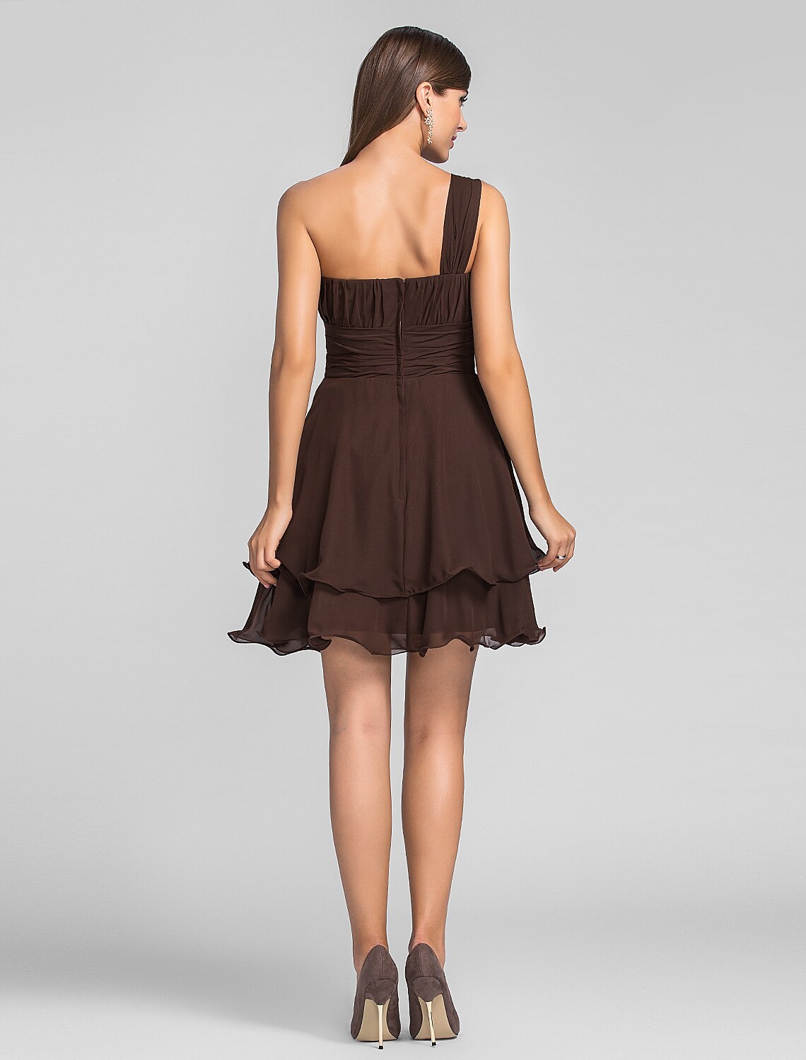 A-Line Cute One Shoulder Sleeveless Chiffon with Ruched Draping Crystal Brooch Short/Mini Homecoming Dress