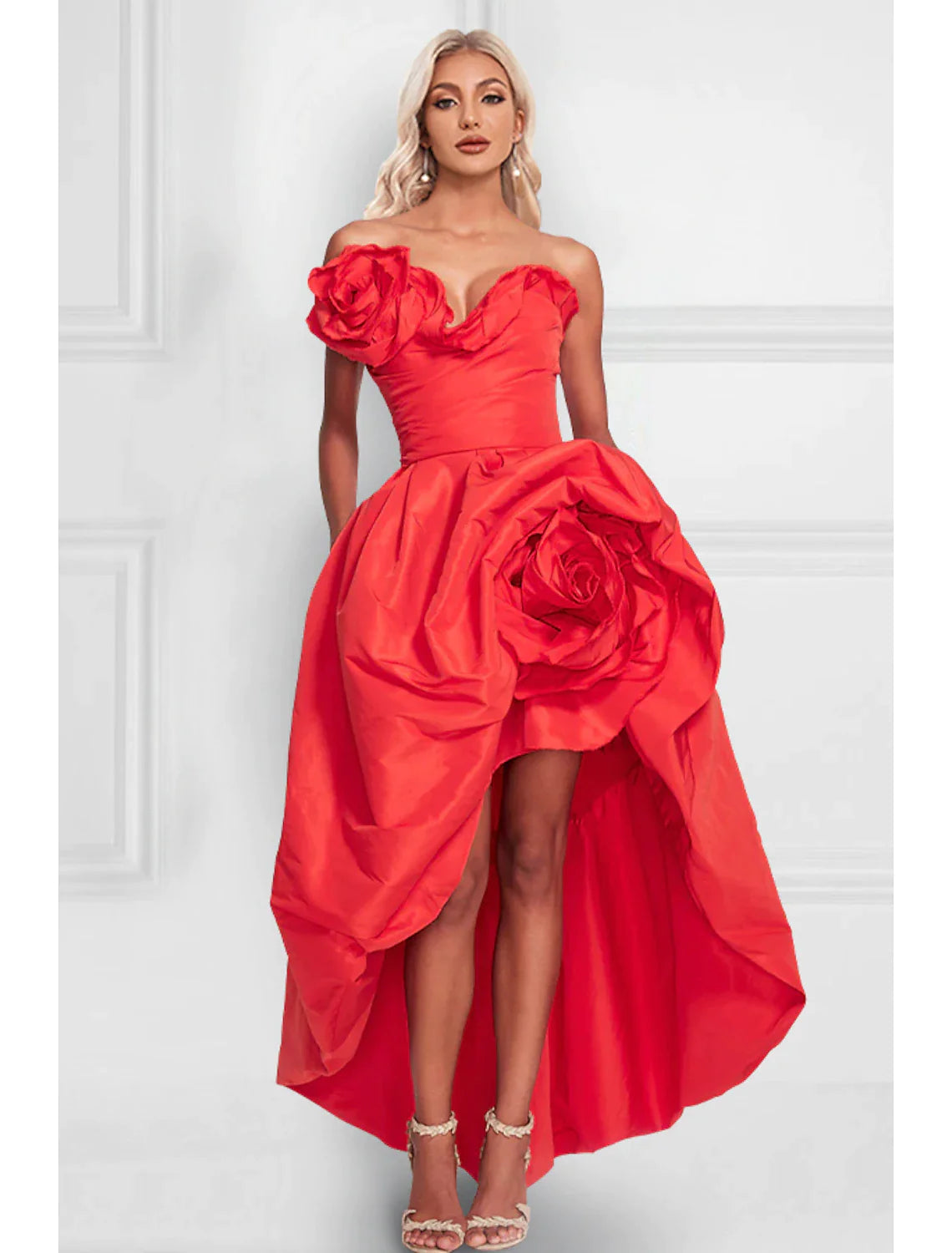 Red Taffeta A-Line High-Low Evening Dress with 3D Floral Embellishments