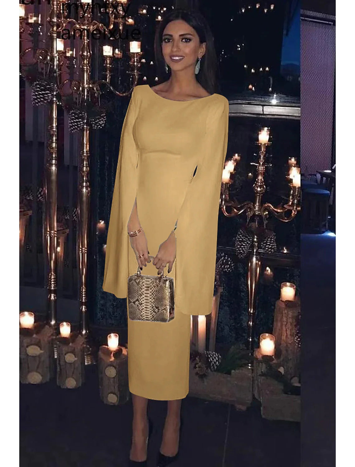 Vestido de cóctel con corte tubo/columna, para fiesta, para invitados de boda, para vacaciones, largo hasta la rodilla, manga larga, cuello joya, para invitados de boda de otoño, jersey sin espalda con elegante color puro.