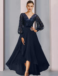 Vestido de madre de la novia de corte A para invitada de boda Brillo y brillo Escote joya alto bajo Asimétrico Largo hasta la rodilla Gasa Encaje Lentejuelas Manga larga con apliques de lentejuelas Otoño