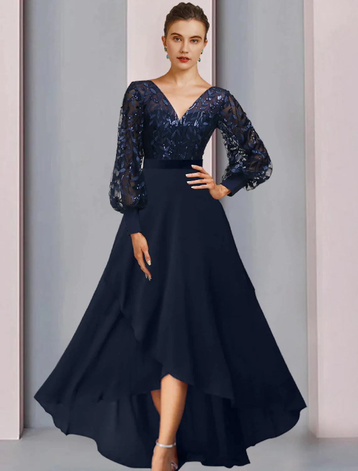 Vestido de madre de la novia de corte A para invitada de boda Brillo y brillo Escote joya alto bajo Asimétrico Largo hasta la rodilla Gasa Encaje Lentejuelas Manga larga con apliques de lentejuelas Otoño