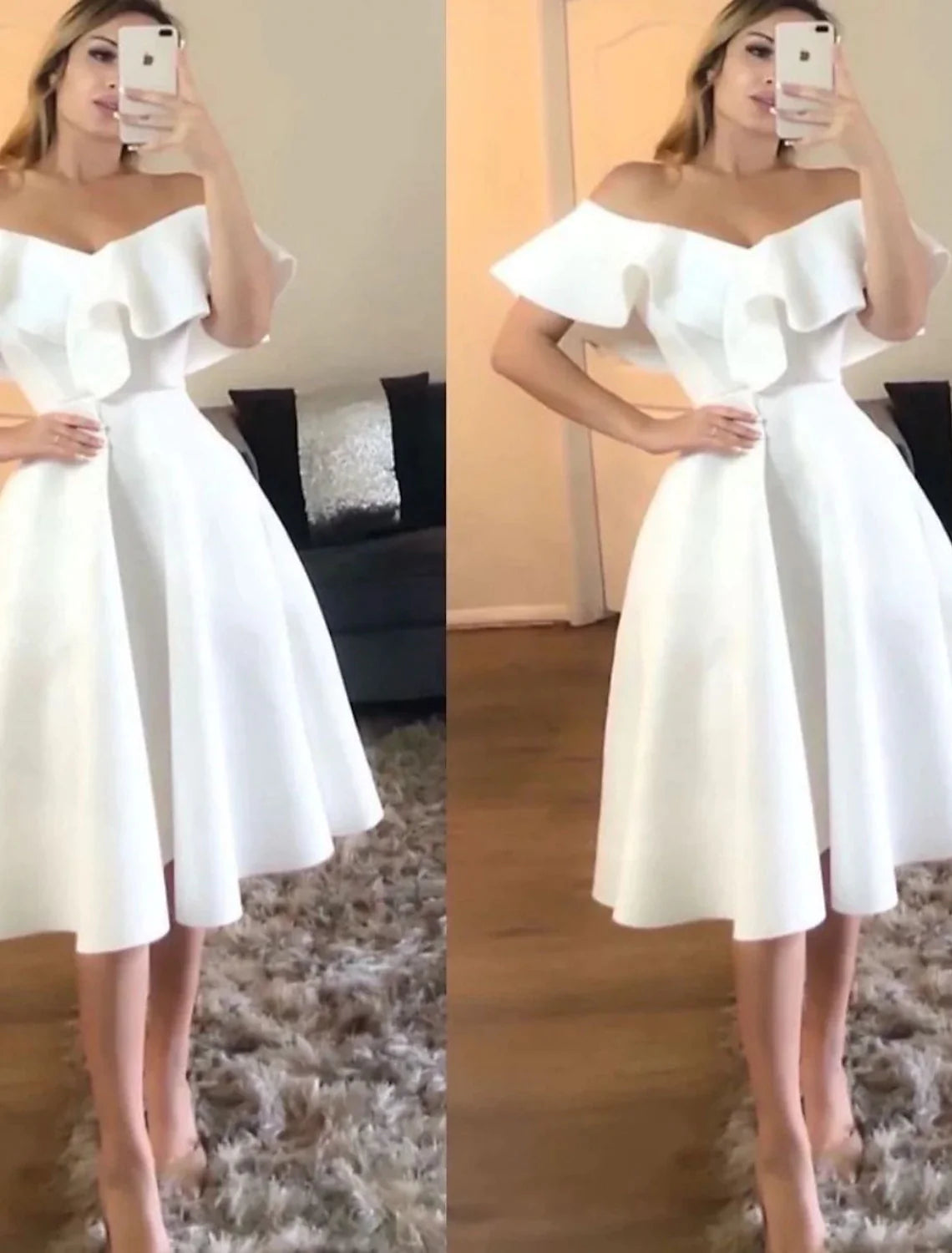 White Satin Off-the-Shoulder Ruffled A-Line Midi Dress