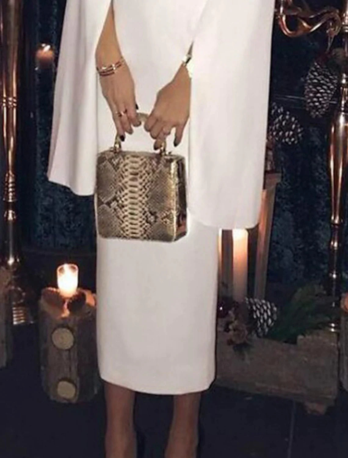 Elegant White Crepe Sheath Midi Dress with Slit Sleeves & Boat Neck for Wedding Guests & Formal Events