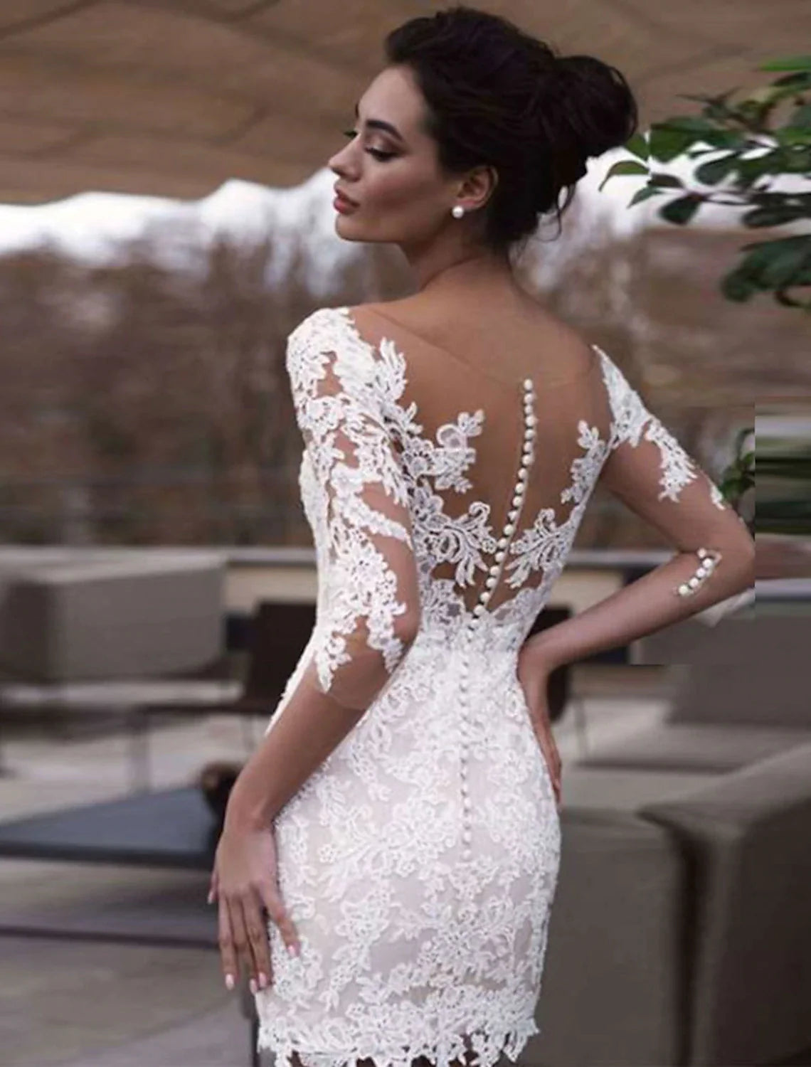 Vestidos de novia blancos cortos de recepción, vestidos de novia con corte tubo/columna, escote ilusión, media manga, vestidos de novia cortos/mini de encaje con apliques