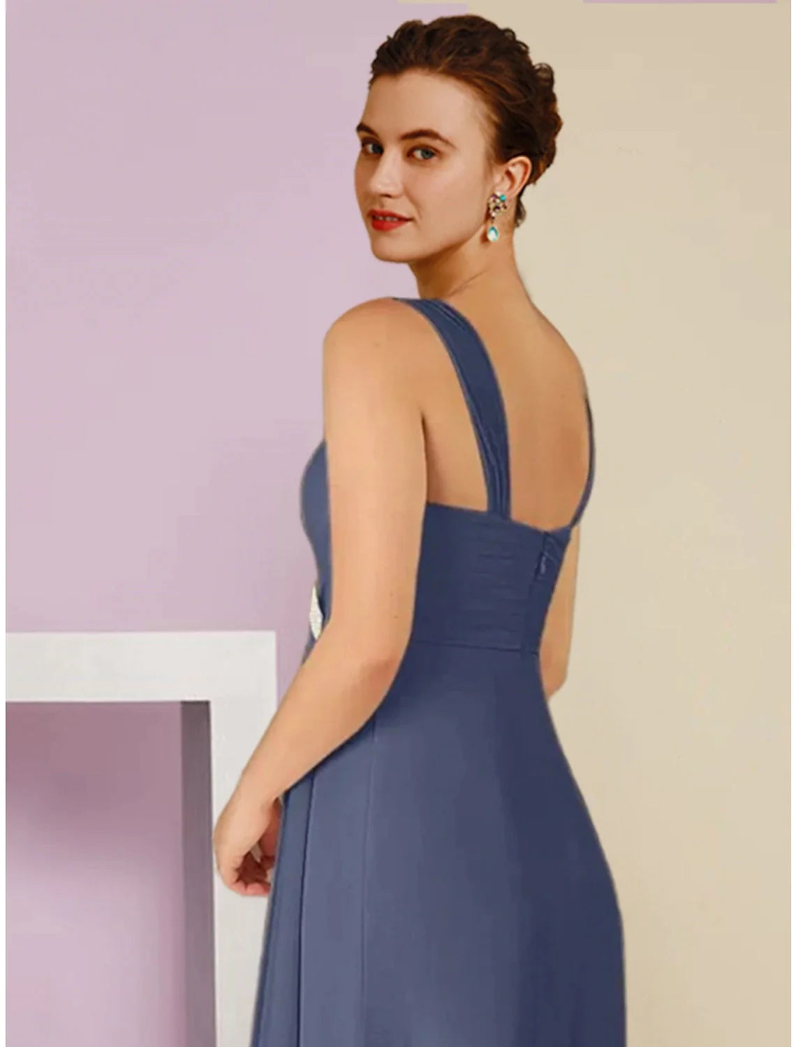 Abito da cerimonia per la madre della sposa, a trapezio, elegante, con scollo quadrato, lunghezza alla caviglia, in chiffon, maniche lunghe, con spilla di cristallo e arricciature