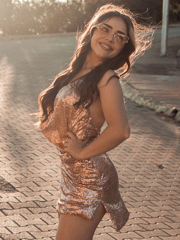 Abiti da ballo corti/mini senza maniche con scollo a V, scollo a V, paillettes e arricciature