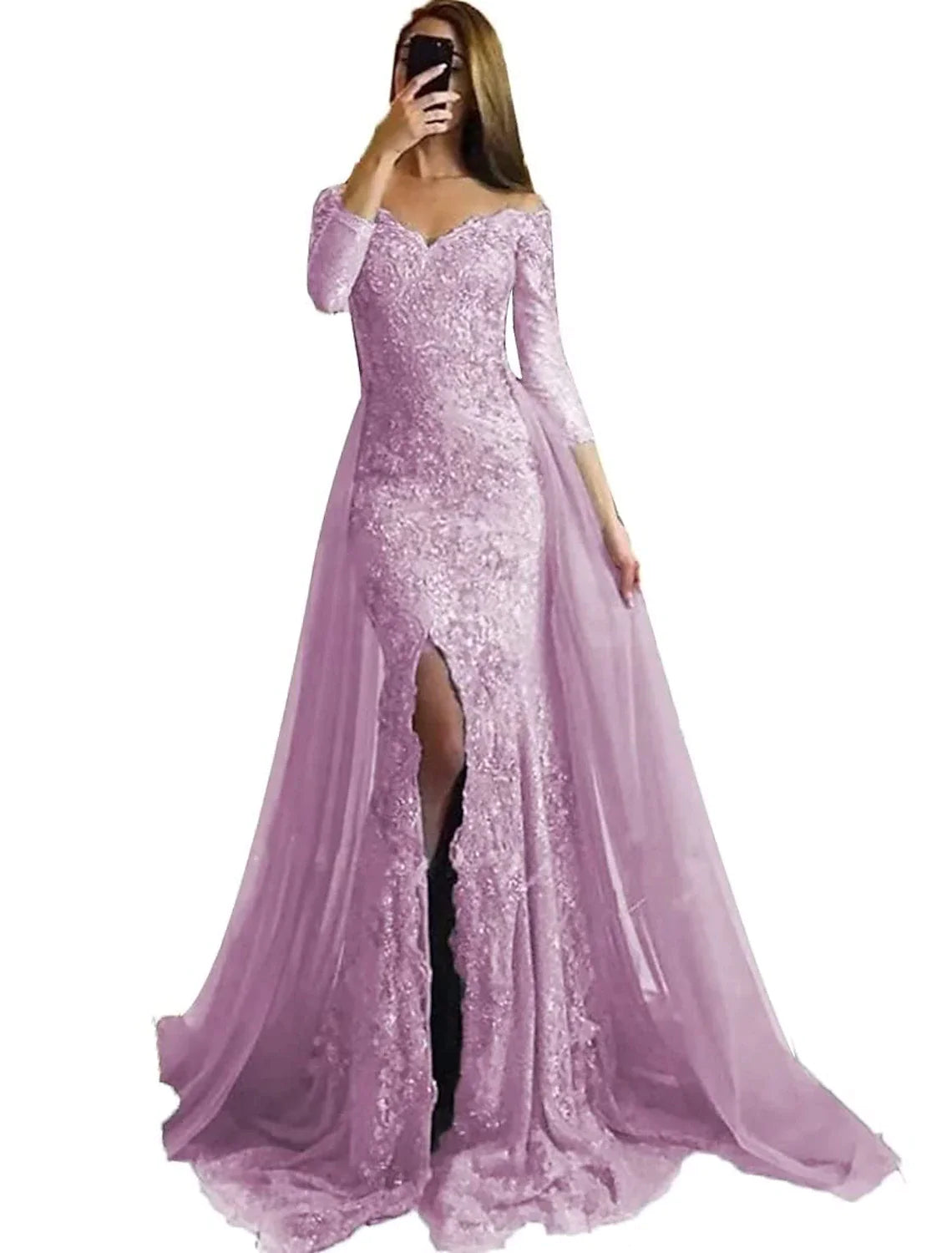 Abito da sera a sirena/tromba, abito floreale, formale, da sposa, con strascico a spazzola, manica lunga, spalle scoperte, ricevimento di nozze autunnale, in chiffon con applicazioni di spacchi