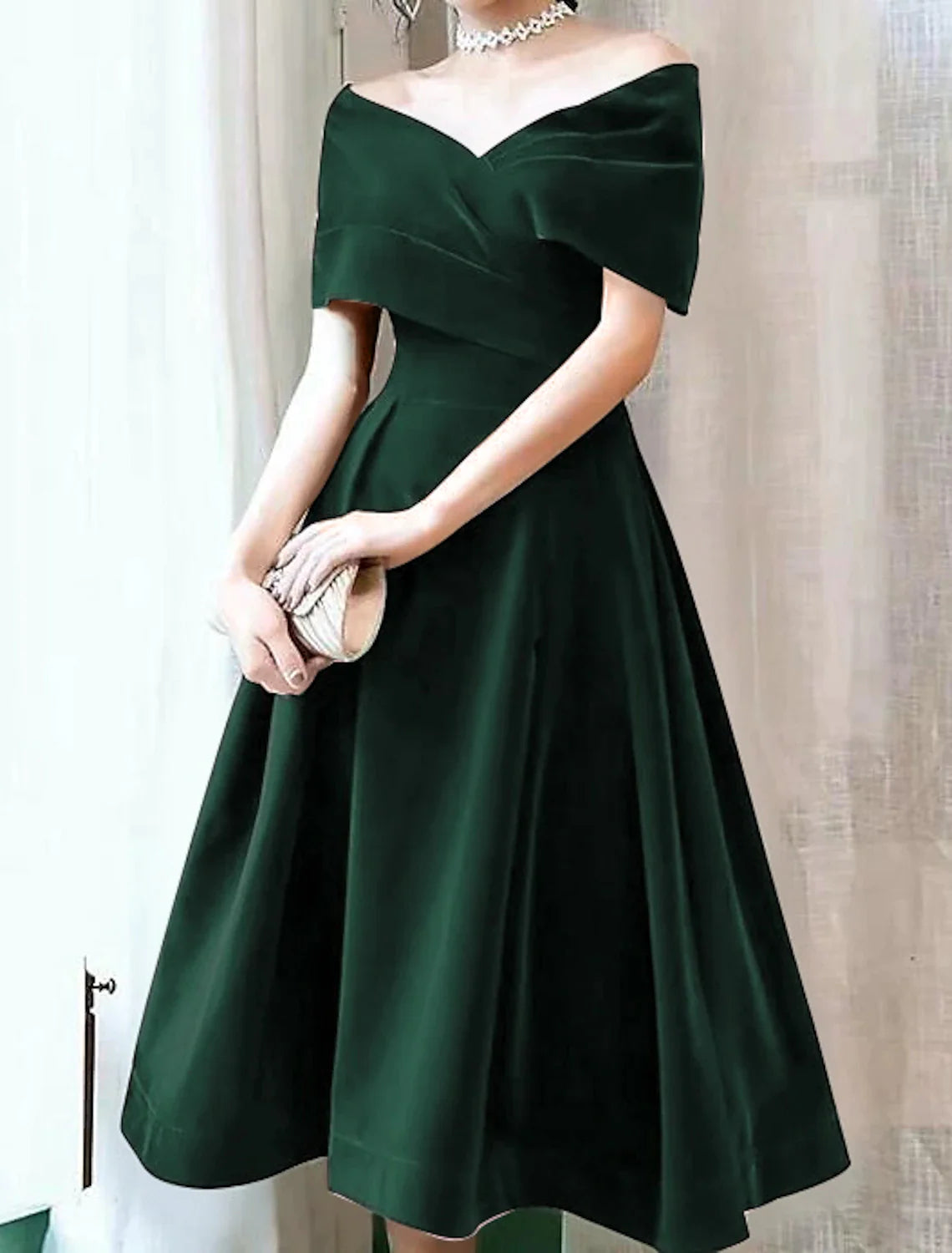 Burgundy Velvet Off-the-Shoulder A-Line Tea-Length Evening Dress