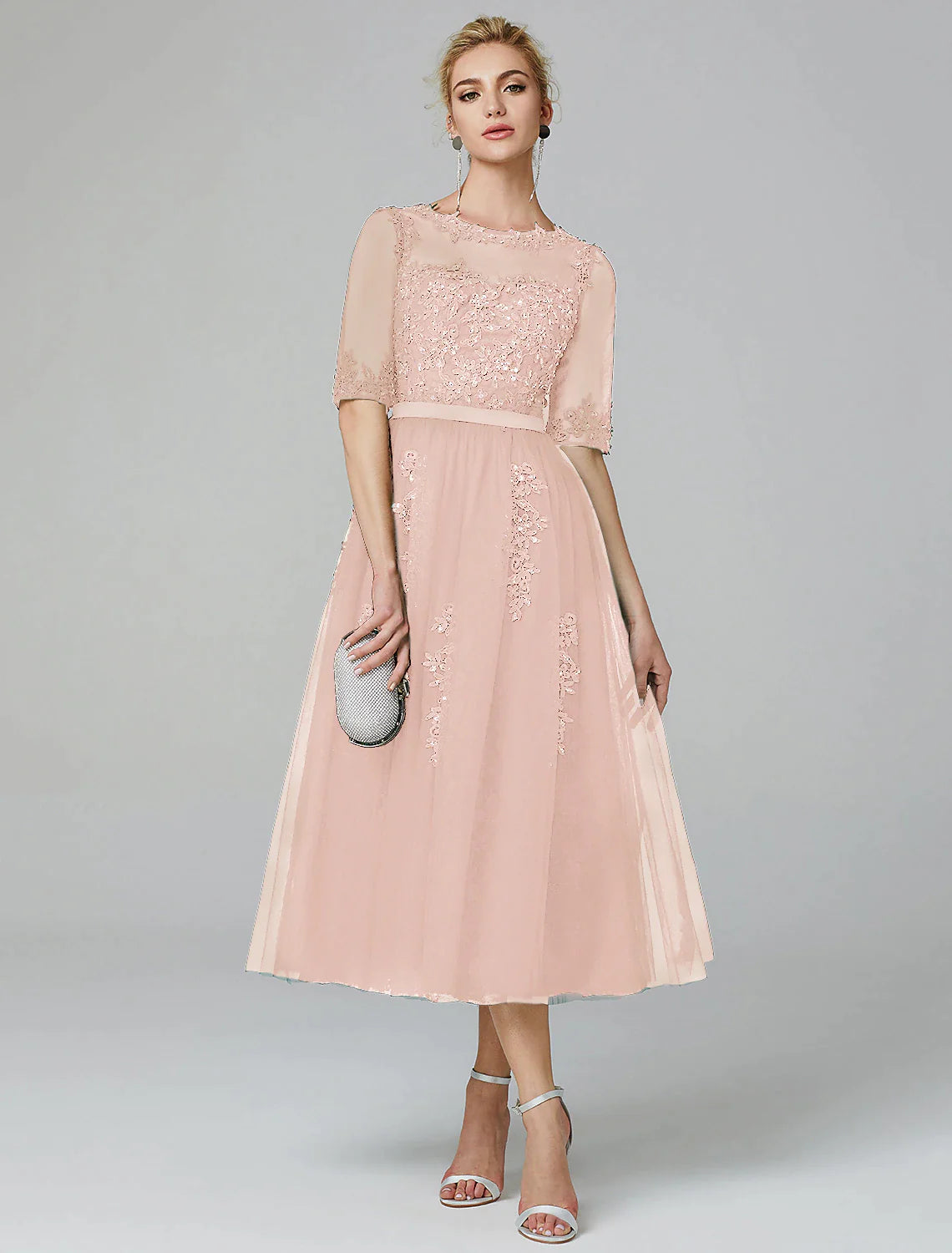 Emerald Tulle A-Line Tea-Length Dress with Embroidered Illusion Bodice