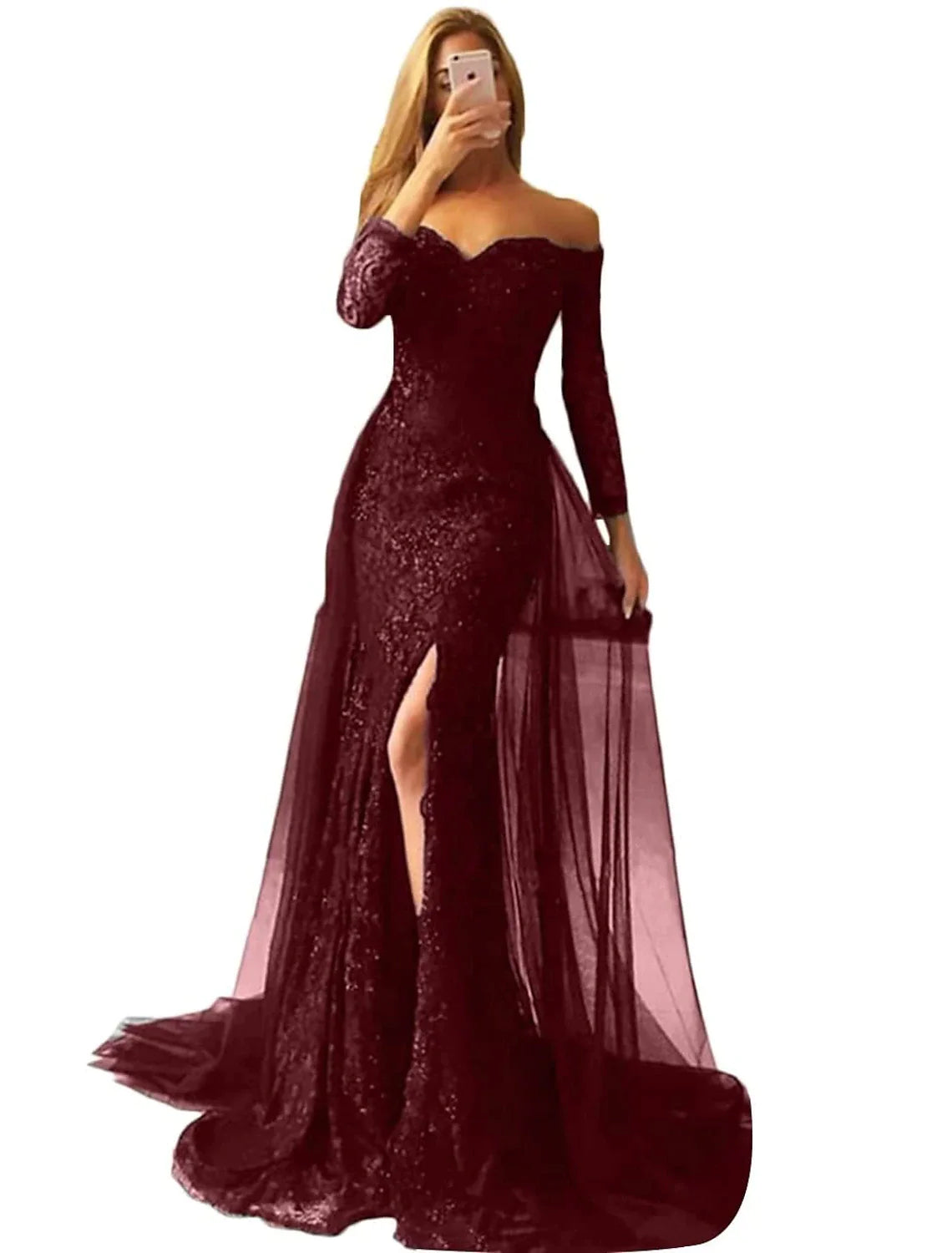 Abito da sera a sirena/tromba, abito floreale, formale, da sposa, con strascico a spazzola, manica lunga, spalle scoperte, ricevimento di nozze autunnale, in chiffon con applicazioni di spacchi