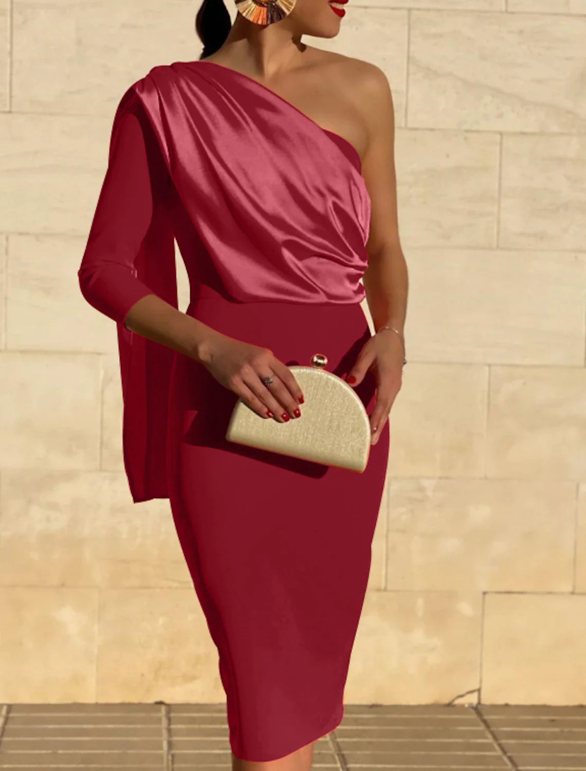 Pink Satin One Shoulder Knee-Length Sheath/column Dress