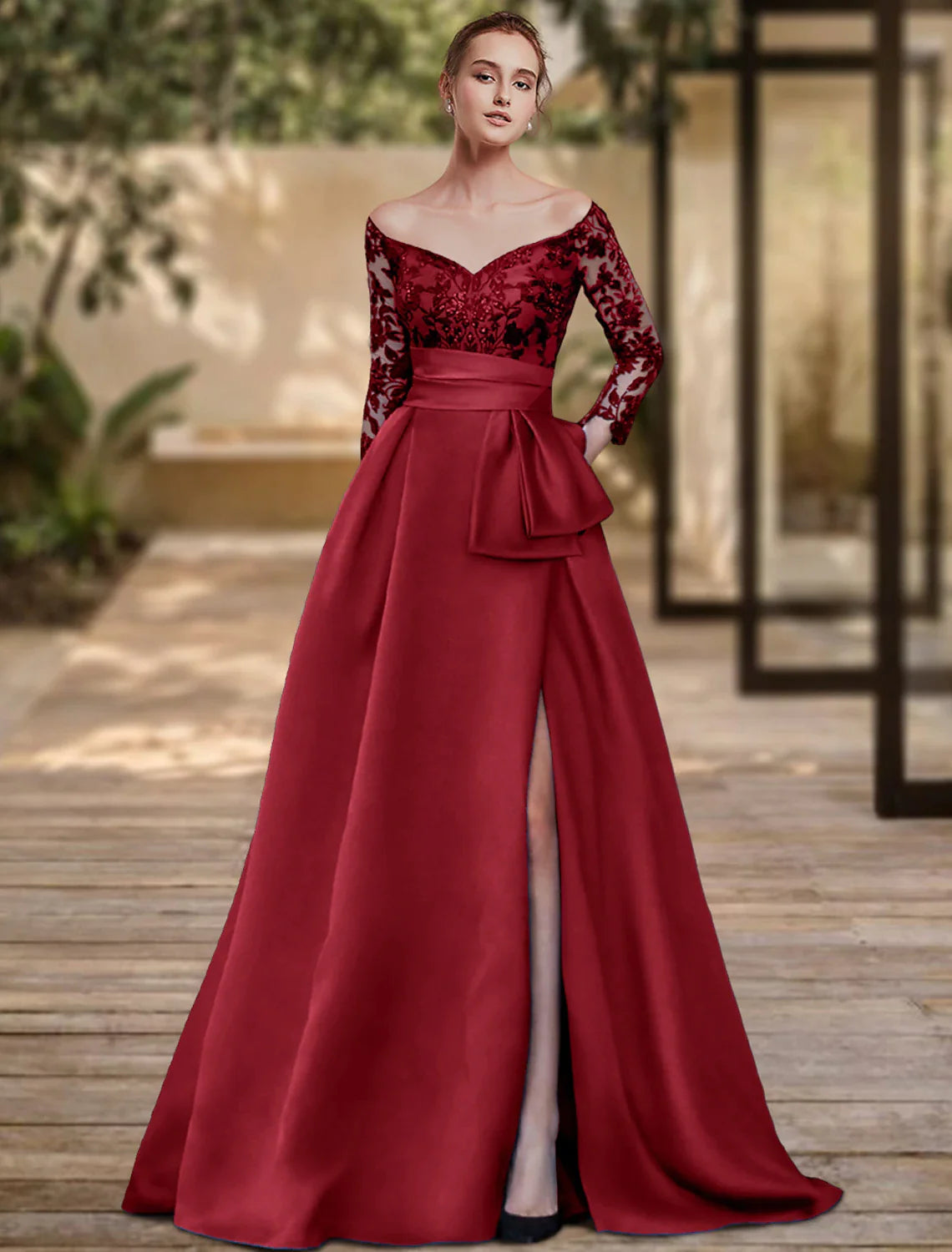 Vestido de noche con corte en forma de columna, corte alto, para invitados de boda, formal, con cola larga, mangas 3/4, hombros descubiertos, charmeuse con lazo(s), abertura con lentejuelas