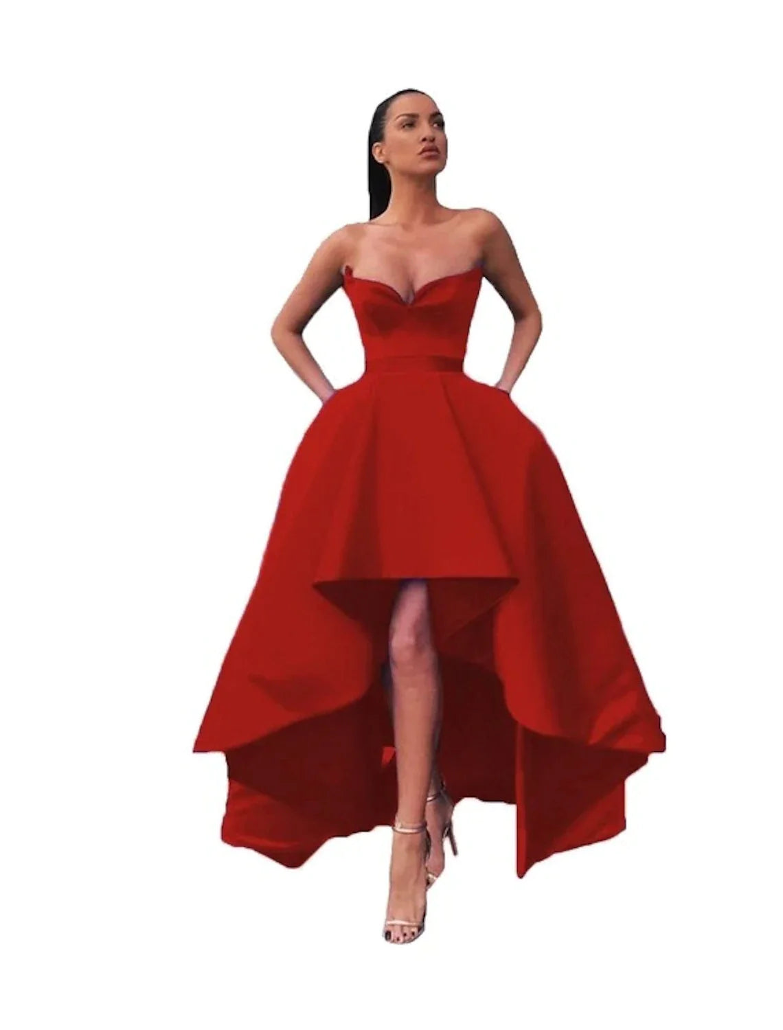 Abiti da ballo a trapezio, sexy, da invitata a nozze, asimmetrici, senza maniche, con spalle scoperte, in raso con tasca