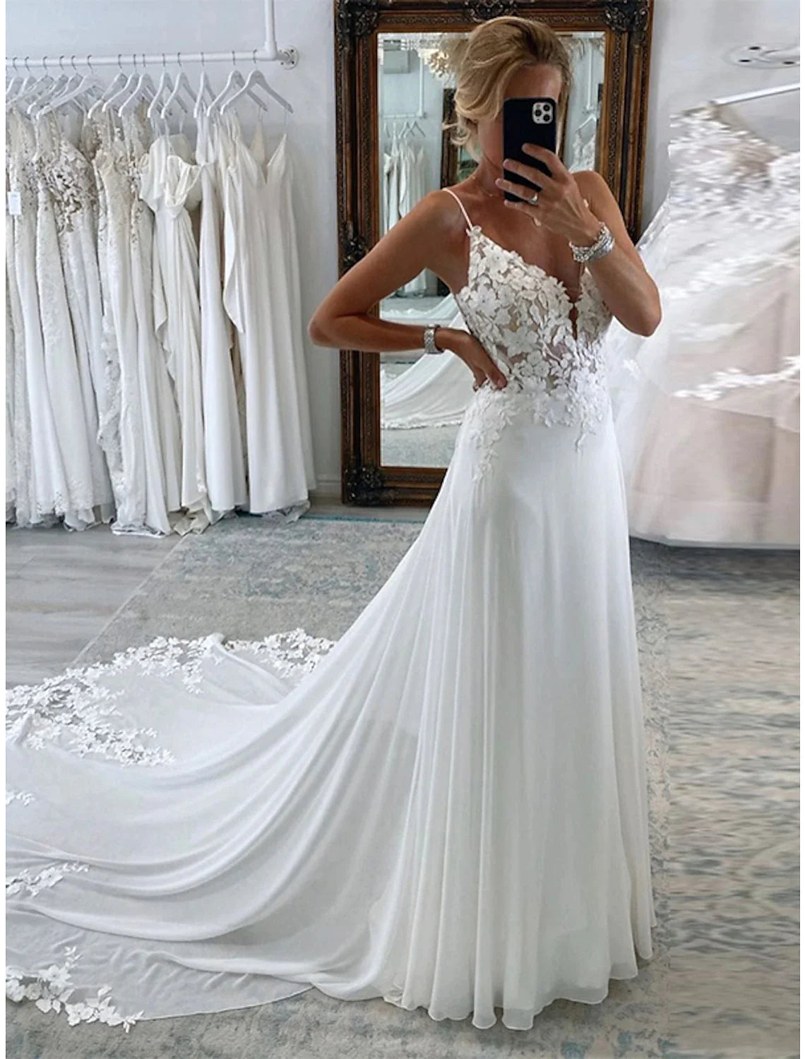 Abiti da sposa formali da ricevimento, a trapezio, senza maniche, con strascico, in chiffon, abiti da sposa con applicazioni