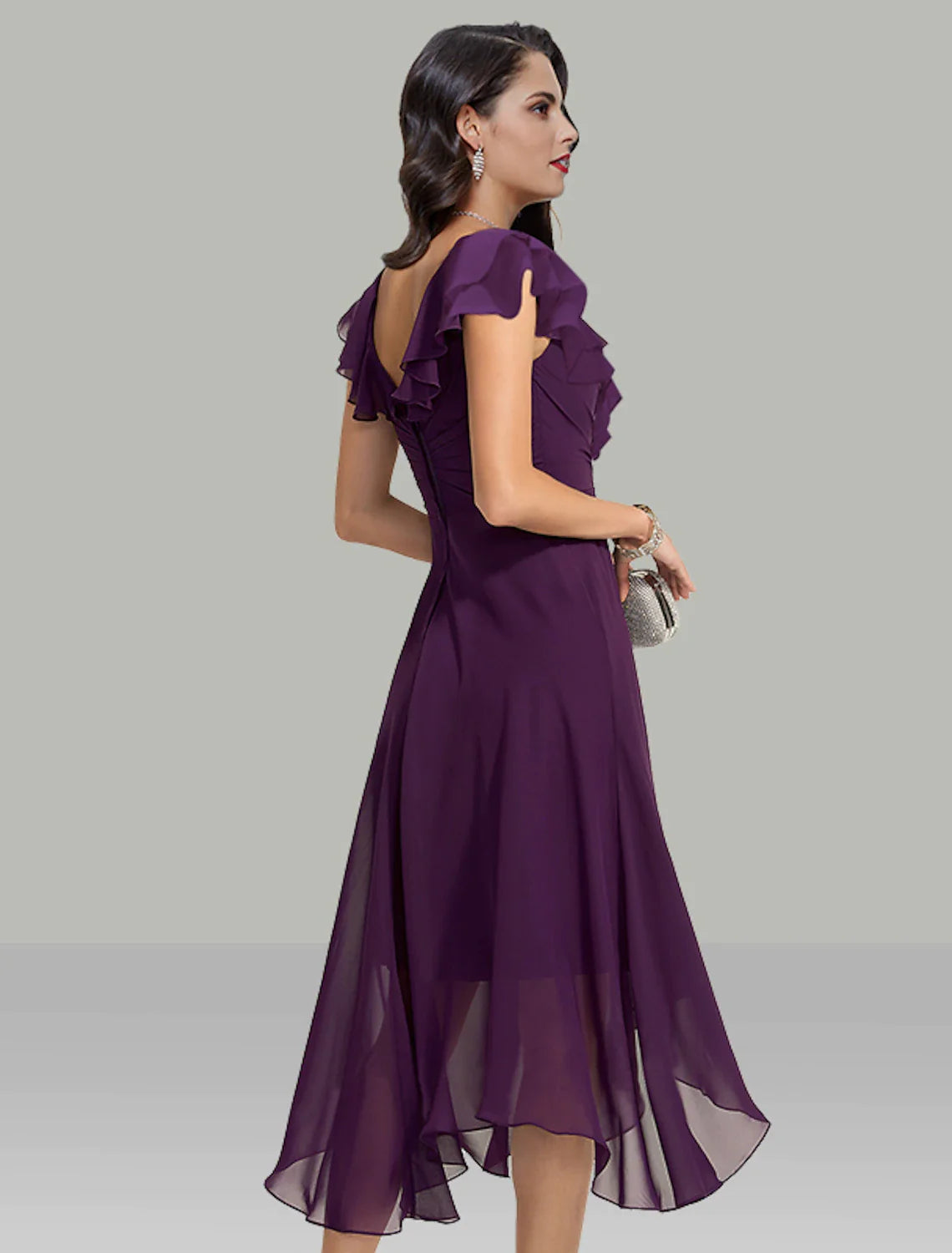 Purple Chiffon A-Line Asymmetrical V-Neck Evening Dress with Draped Bodice