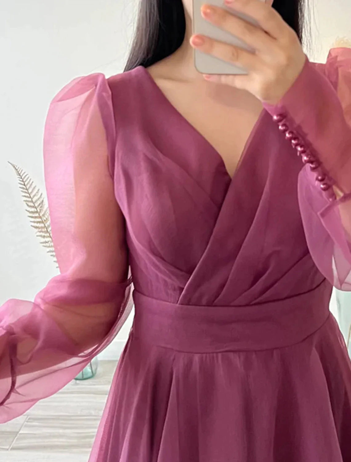 Emerald Chiffon V-Neck A-Line Tea-Length Bridesmaid Dress with Sheer Puff Sleeves