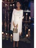Elegant White Crepe Sheath Midi Dress with Slit Sleeves & Boat Neck for Wedding Guests & Formal Events