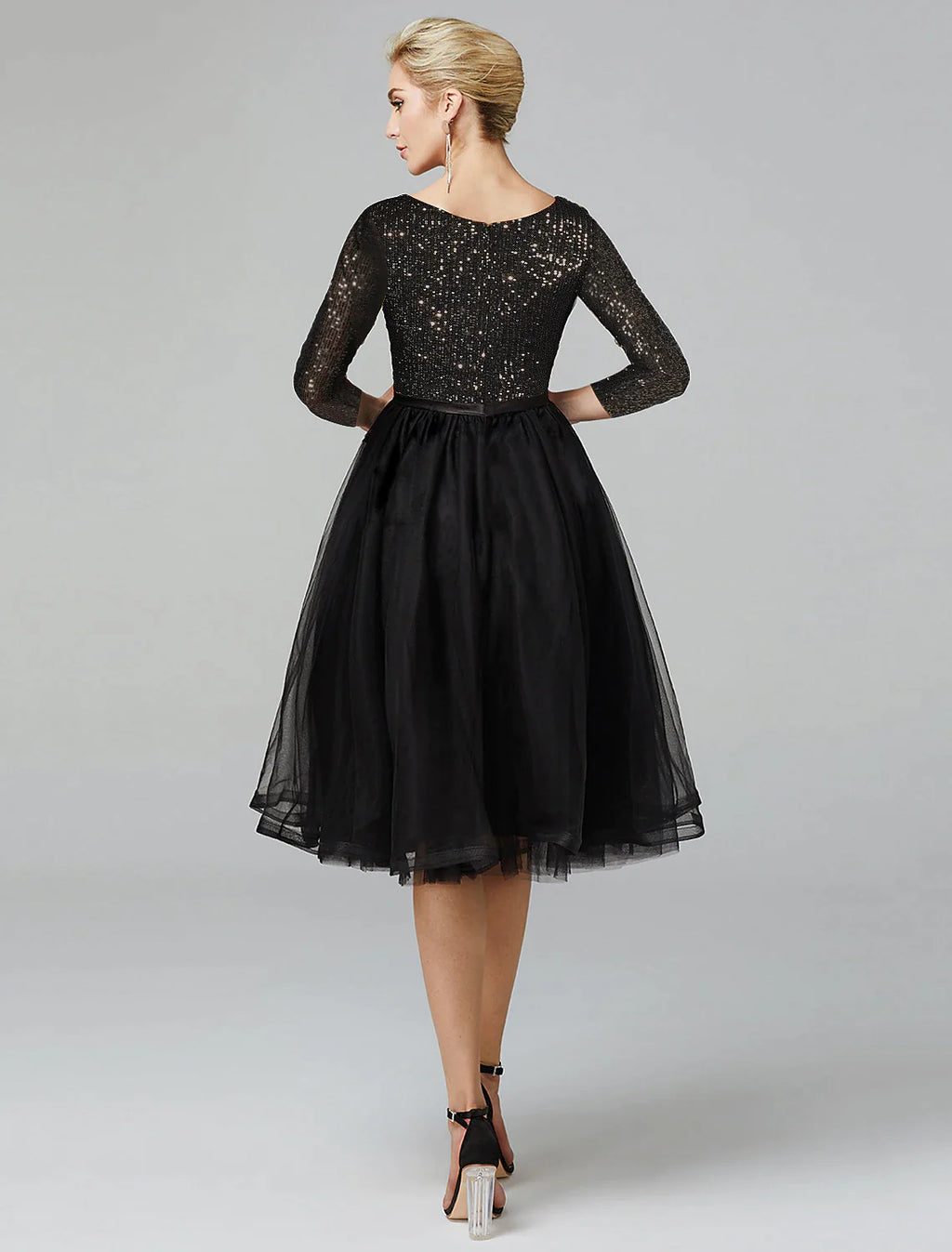 Black Sequin A-Line Tea-Length Evening Dress - Boat Neck, Tulle Skirt