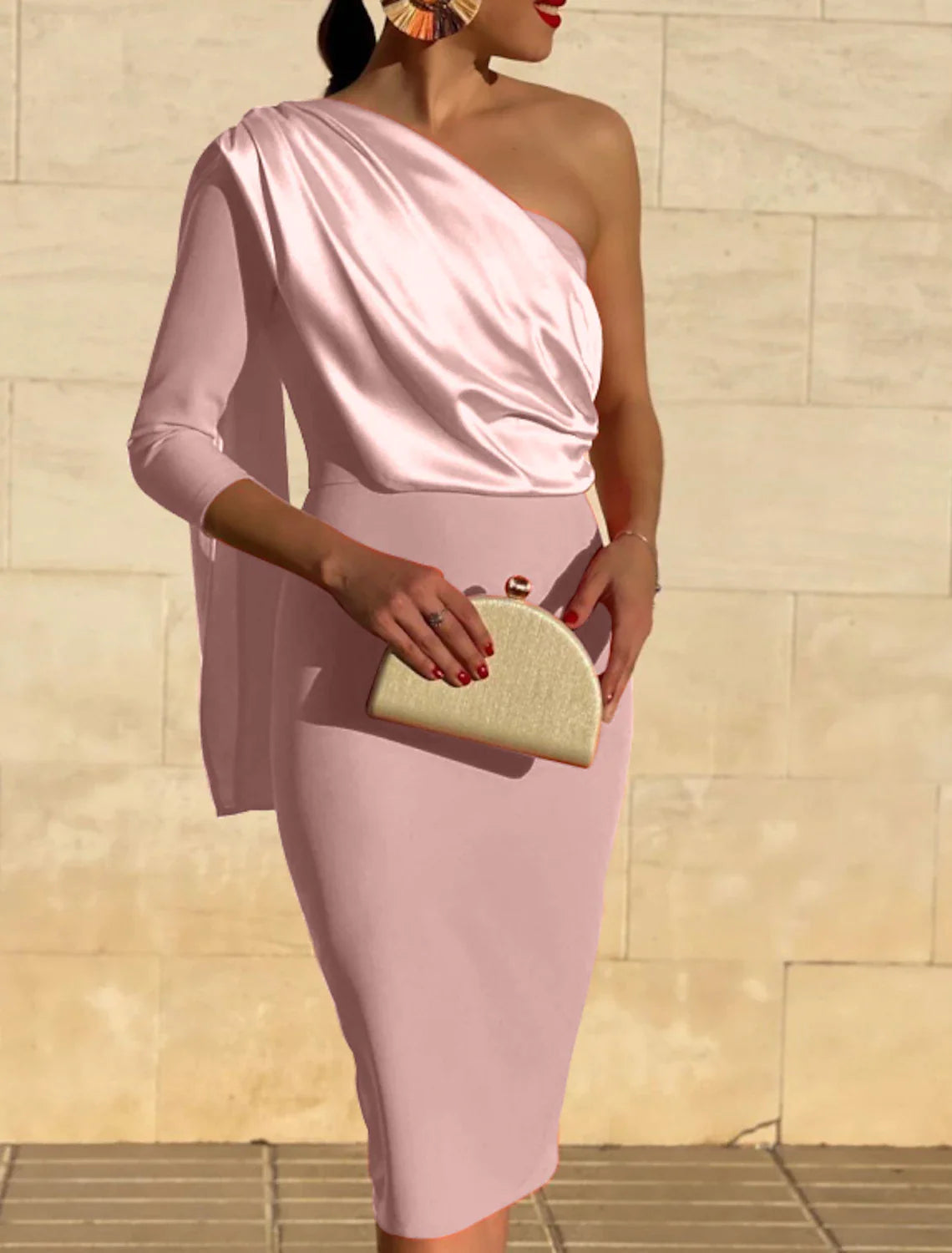 Pink Satin One Shoulder Knee-Length Sheath/column Dress