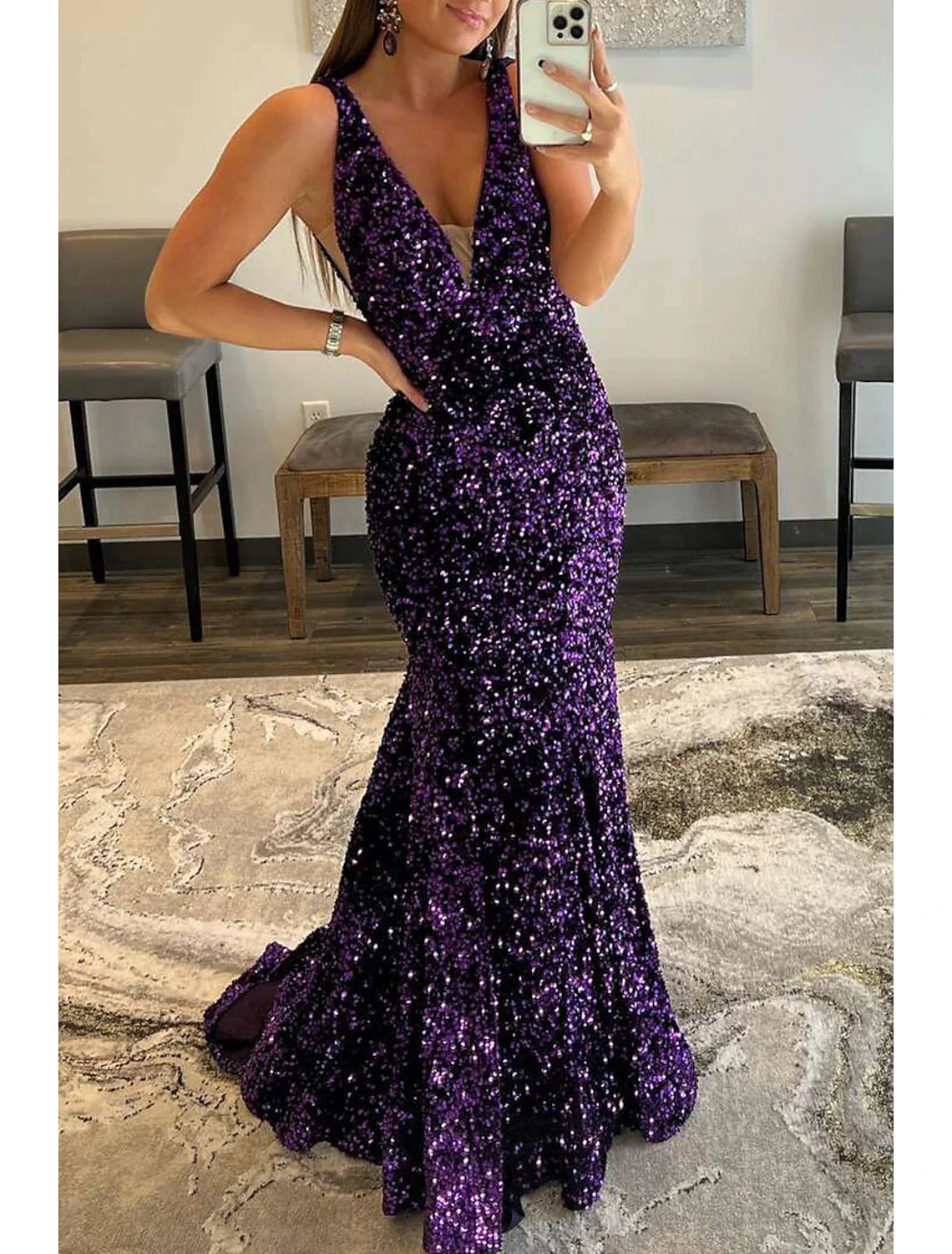 Blushing Pink Sequin Mermaid V-Neck Floor-Length Evening Dress