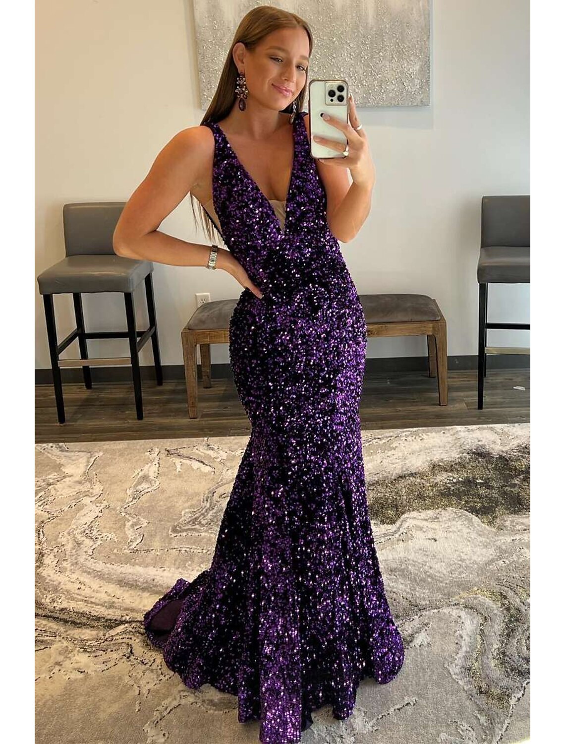 Blushing Pink Sequin Mermaid V-Neck Floor-Length Evening Dress