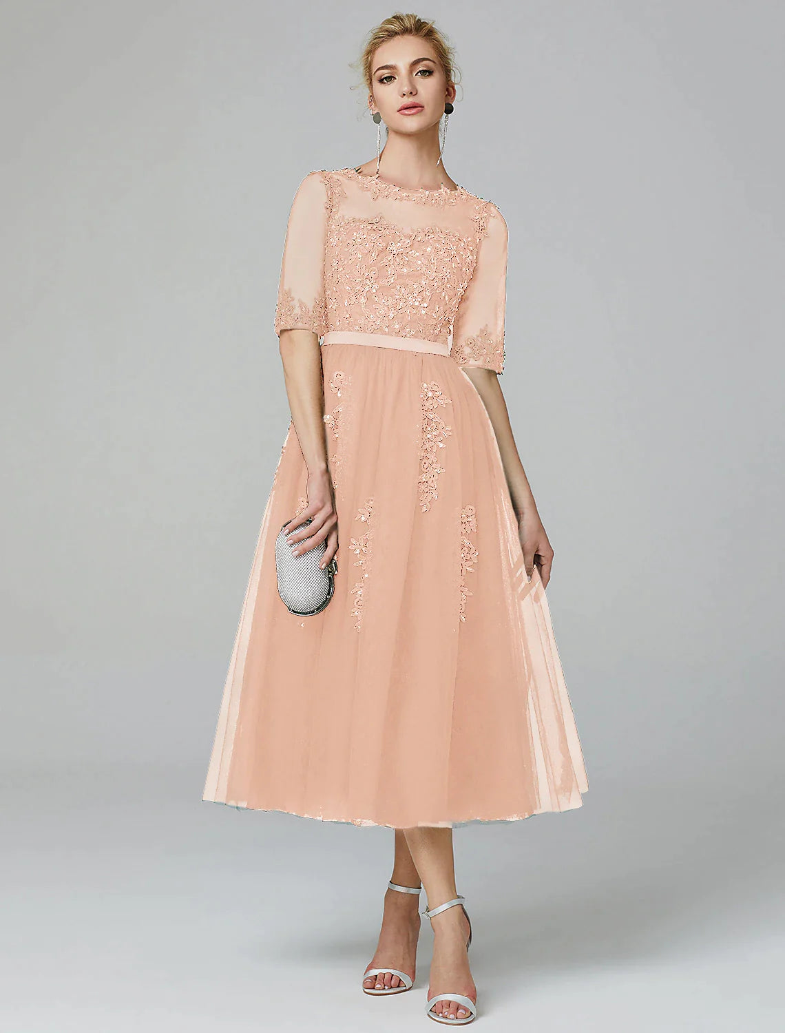 Emerald Tulle A-Line Tea-Length Dress with Embroidered Illusion Bodice