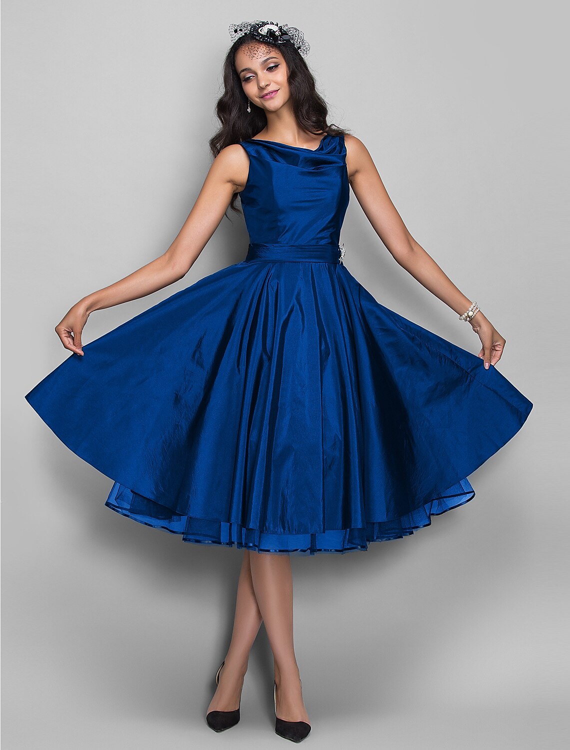 Black Satin A-Line Cowl Neck Knee-Length Dress with Full Skirt