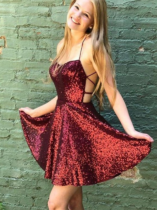 Vestidos cortos/mini sin mangas con lentejuelas, volantes y tirantes finos de corte A/princesa