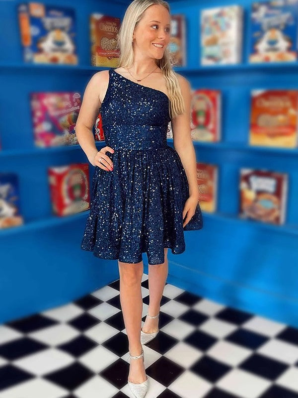 Vestidos cortos/mini sin mangas, de corte A/princesa, con lentejuelas, volantes y un solo hombro