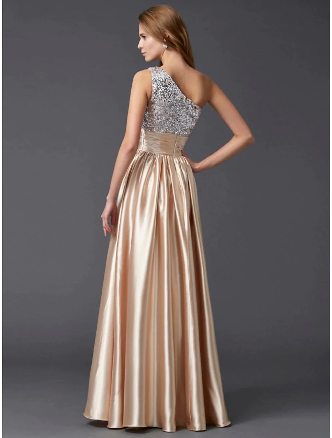 Champagne Satin One Shoulder A-Line Floor-Length Evening Dress with Sequin Bodice