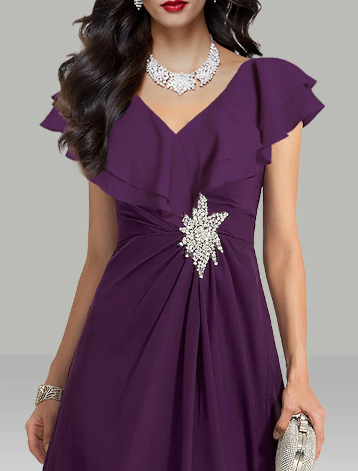 Purple Chiffon A-Line Asymmetrical V-Neck Evening Dress with Draped Bodice