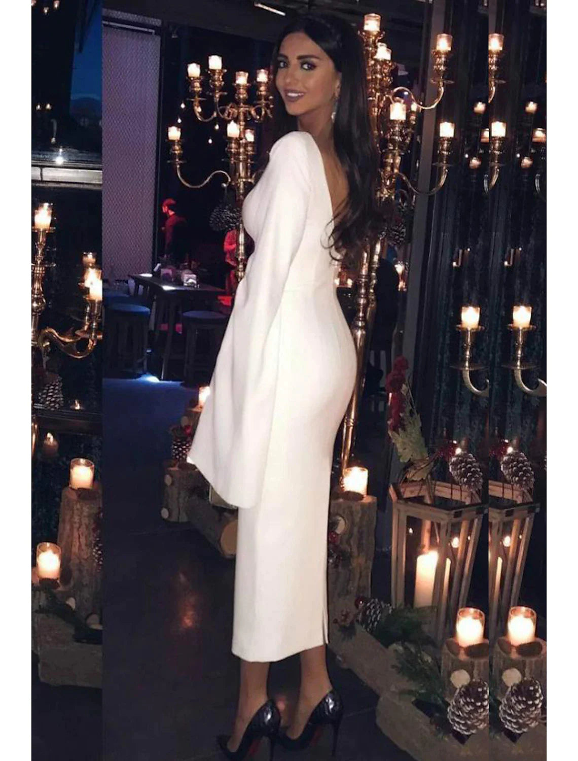 Elegant White Crepe Sheath Midi Dress with Slit Sleeves & Boat Neck for Wedding Guests & Formal Events