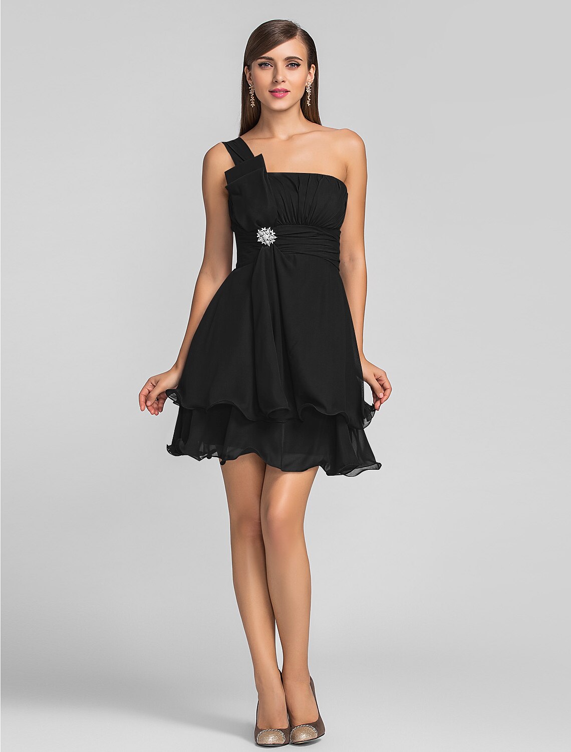 A-Line Cute One Shoulder Sleeveless Chiffon with Ruched Draping Crystal Brooch Short/Mini Homecoming Dress