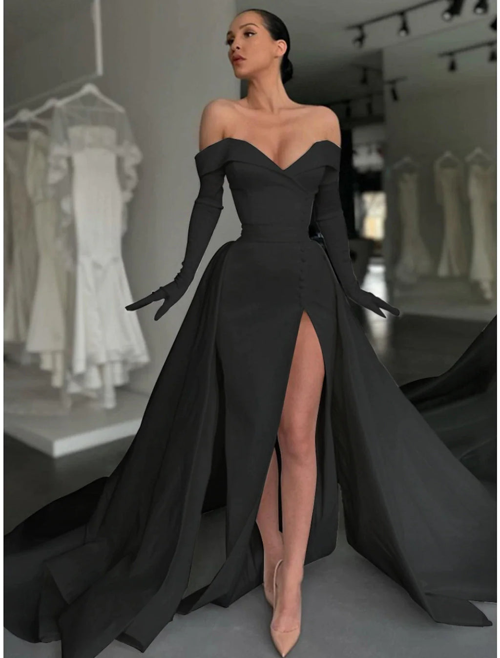 Black Satin Off-the-Shoulder Gown with High Slit & Dramatic Overskirt
